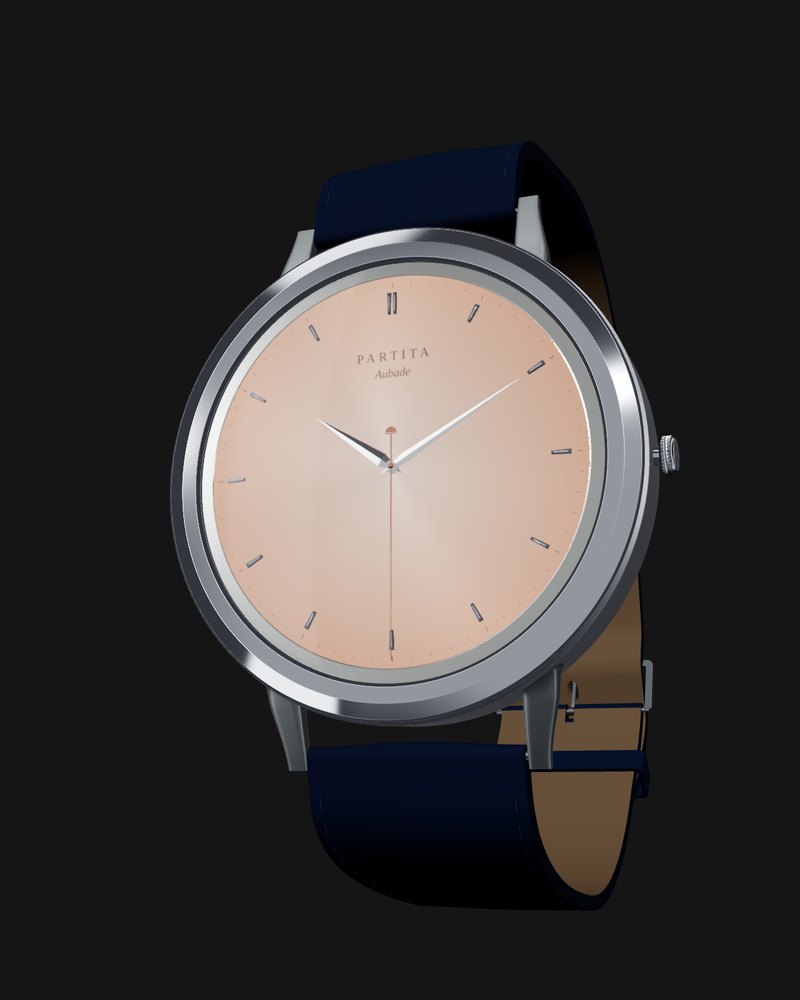 Aubade 38 seen from three-quarters: a 38 mm steel case, salmon sunburst dial, polished dauphine hands, rose-gold seconds hand and navy leather strap.
