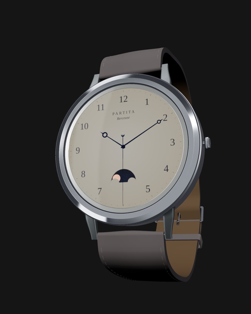 Berceuse 37 seen from three-quarters: a 37 mm steel case, eggshell dial with Arabic numerals, blued Breguet hands, a moon phase at six and dove-grey leather strap.