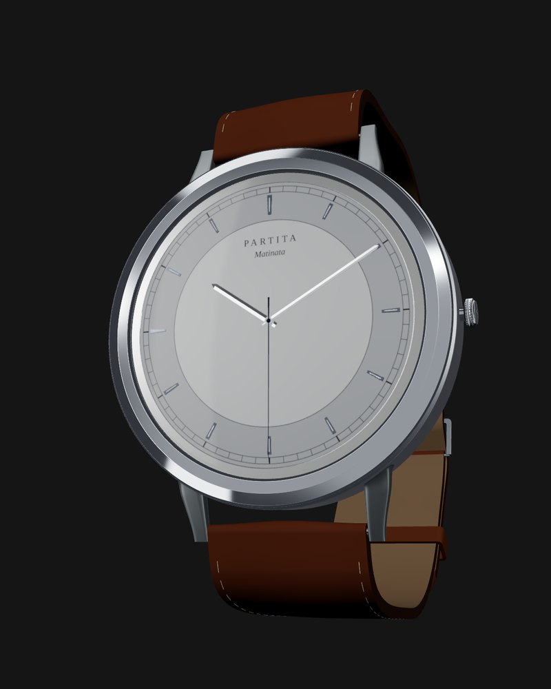 Matinata 40 seen from three-quarters: a 40 mm steel case, two-tone silver sector dial with a railroad track, polished baton hands, blued seconds hand and cognac leather strap.