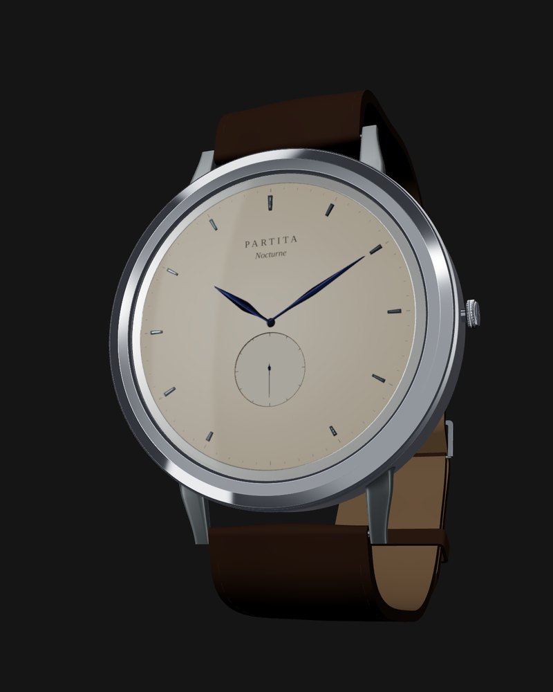 Nocturne 40 seen from three-quarters: a 40 mm steel case, ivory dial, blued hands and dark brown leather strap.