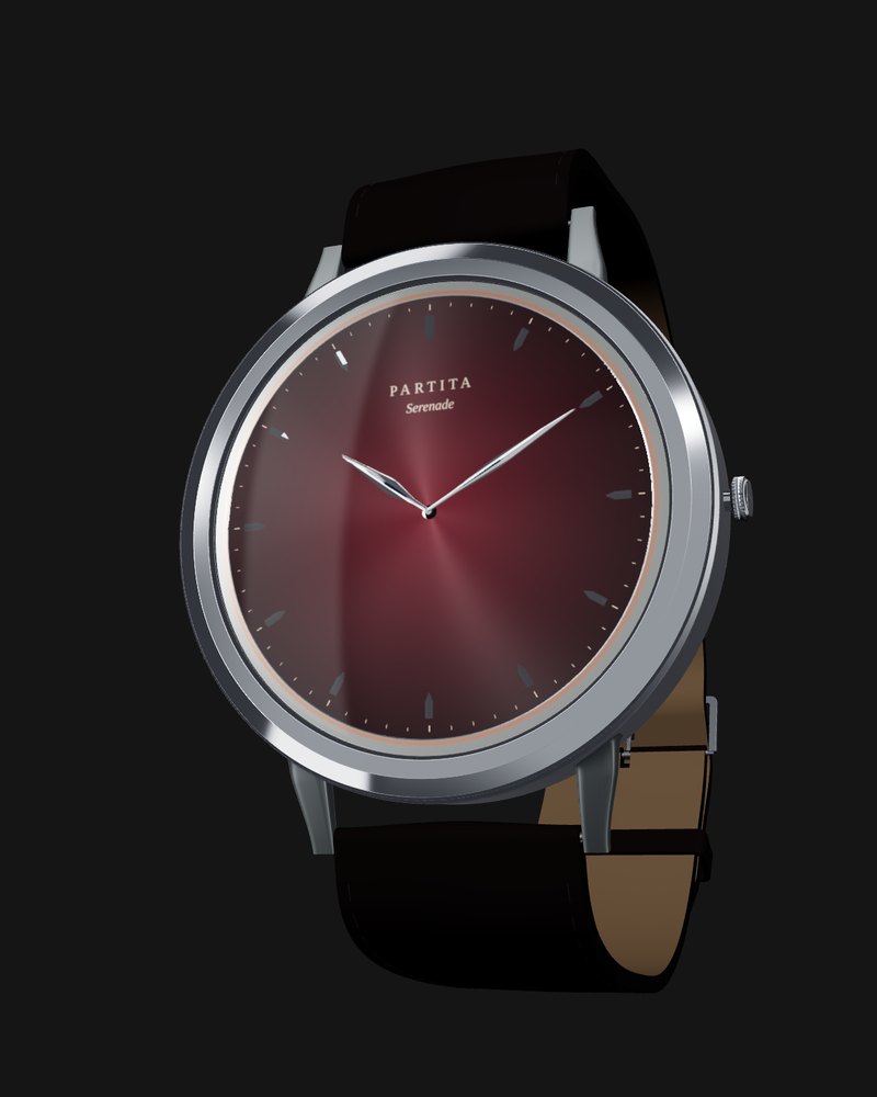 Serenade 39 seen from three-quarters: a 39 mm steel case, burgundy fumé sunburst dial, faceted polished markers, polished leaf hands and black leather strap.